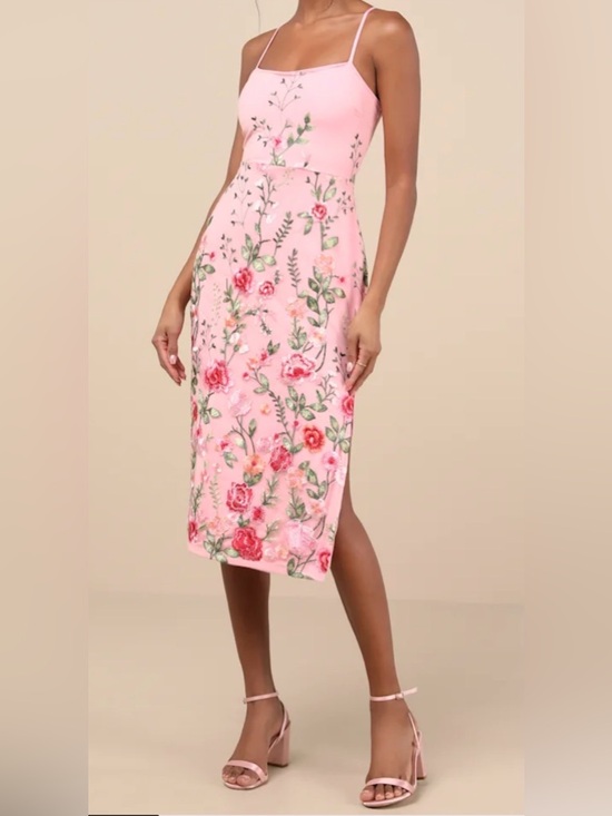 Lulus Dresses & Skirts - NWT Lulus Sz L Blooming For Love Pink Floral Embroidered Midi Dress Party Prom
